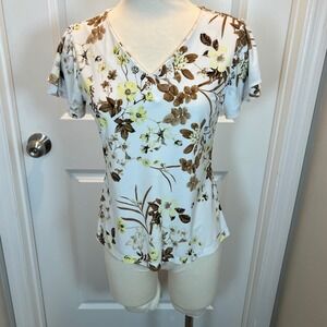 Calvin Klein Womens White Floral Print V Neck Short Sleeve Top Blouse Shirt M